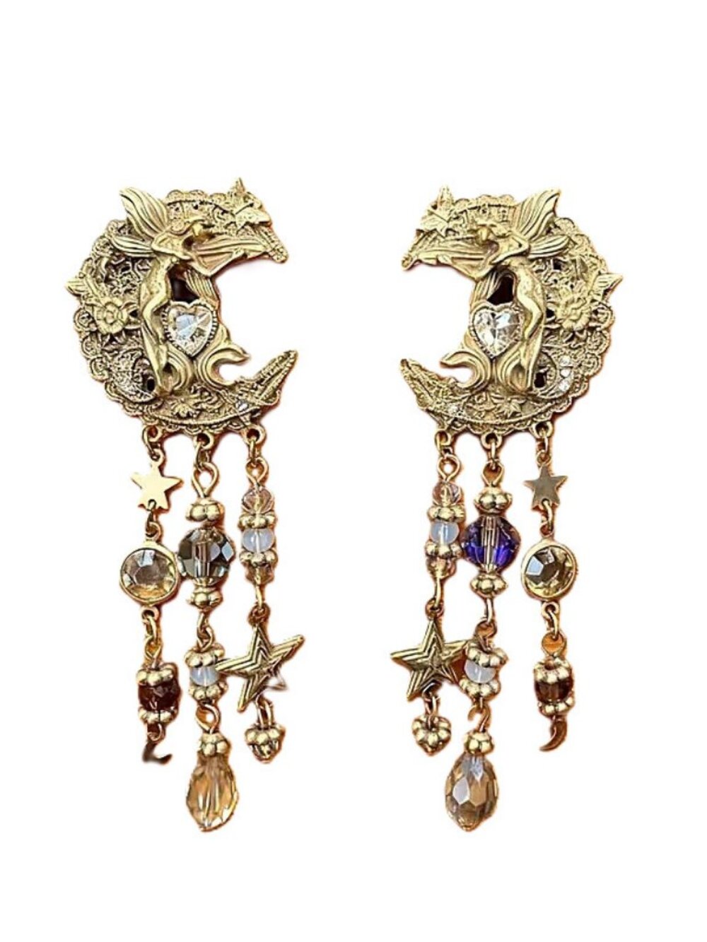 Fairycore Celestial Moon Star Dangle Pierced Earrings Gold Tone Crystals